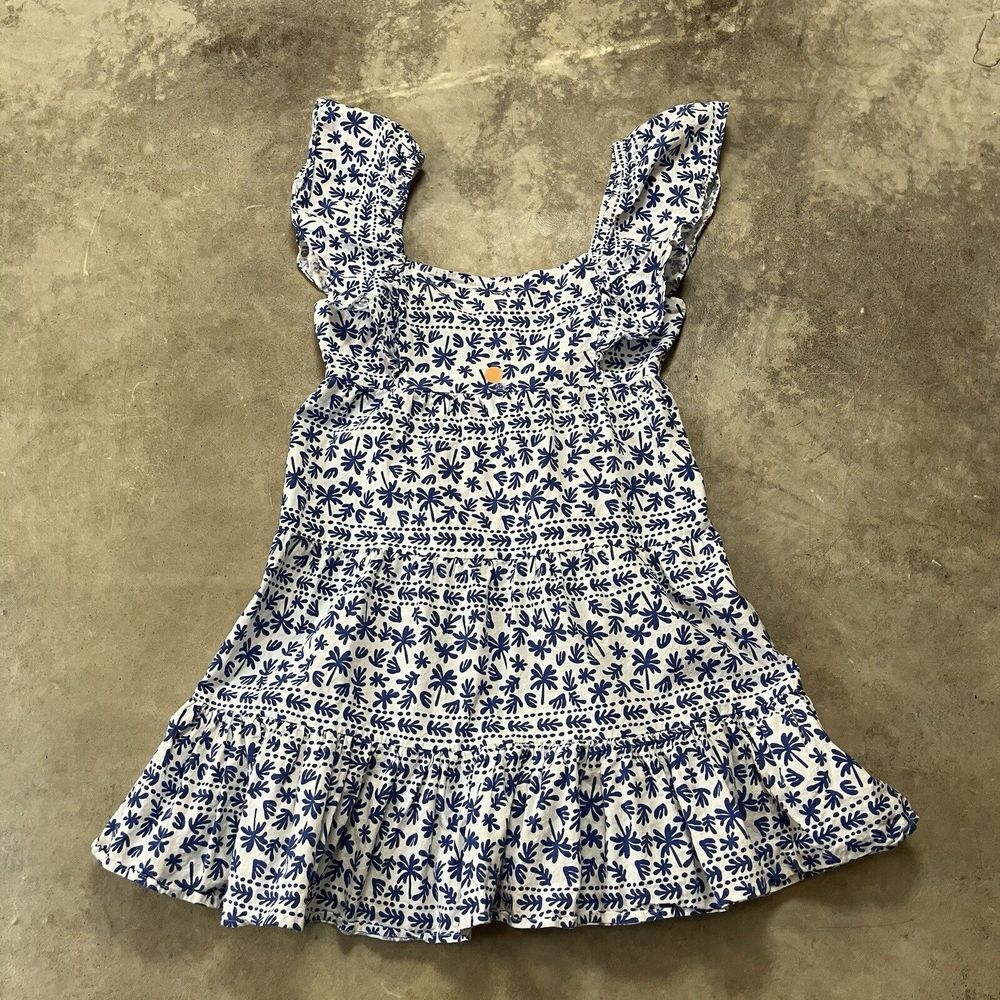 Minkpink Dress Womens Medium Ithica Ruffled Mini Blue White Smocked Back